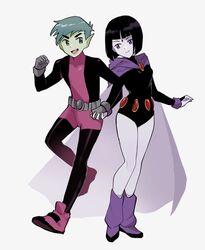  1boy 1girl absurdres beast_boy_(dc) belt black_hair blunt_bangs blunt_ends bodysuit breasts cape clenched_hand colored_skin cornfarm dc_comics fang gem gloves green_hair green_skin grey_gloves highres holding_hands looking_at_another medium_breasts pale_skin pink_footwear pointy_ears purple_cape purple_footwear raven_(dc) red_gemstone short_hair simple_background teen_titans violet_eyes white_background 