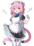  1girl :d alternate_costume animal_ears apron arknights black_dress blue_bow blush bow braid breasts cat_ears cat_girl cat_tail collared_dress dress enmaided flying_sweatdrops frilled_apron frilled_dress frills garter_straps gloves goldenglow_(arknights) hair_between_eyes hair_bow hair_over_shoulder highres lightning_bolt_symbol long_hair maid maid_headdress orange_eyes pink_hair puffy_short_sleeves puffy_sleeves short_sleeves simple_background single_braid skirt_hold small_breasts smile solo spam_(spamham4506) sweat tail thigh-highs white_apron white_background white_gloves white_thighhighs 