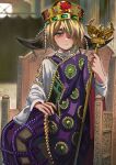  1girl absurdres antangonist bird blonde_hair byzantine_empire dress eagle expressionless gem gold_crown greco-roman_clothes green_eyes highres holding holding_scepter horns looking_at_viewer pallas_(arknights) pearl_(gemstone) purple_dress scepter short_hair sitting_on_throne white_dress wooden_chair 