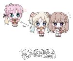  17_(i77_com) 3girls :o ahoge anyoji_hime aqua_neckerchief arrow_(symbol) black_ribbon blonde_hair blue_eyes blue_hair blunt_bangs brown_dress brown_footwear brown_hair chibi chibi_only dress flower food fujishima_megumi gradient_hair hair_flower hair_ornament hair_ribbon hashtag-only_commentary hasu_no_sora_school_uniform heart holding holding_food jacket light_blue_hair link!_like!_love_live! long_hair long_sleeves looking_at_another love_live! medium_dress mira-cra_park! multi-tied_hair multicolored_hair multiple_girls neckerchief notice_lines open_clothes open_jacket open_mouth osawa_rurino parted_bangs pink_flower pink_hair pink_jacket pleated_dress ponytail ribbon sailor_collar sailor_dress school_uniform sidelocks solid_circle_eyes swept_bangs taiyaki twintails two-handed two_side_up violet_eyes virtual_youtuber wagashi watching white_background white_sailor_collar winter_uniform yellow_neckerchief 