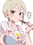  1girl black_eyes blush bowl bra_strap breasts chopsticks closed_mouth collarbone earrings eating food food_on_face gazacy_(dai) grey_hair highres holding holding_bowl holding_chopsticks idolmaster idolmaster_cinderella_girls idolmaster_cinderella_girls_starlight_stage jewelry looking_at_viewer medium_breasts print_shirt rice shiomi_syuko shirt short_hair short_sleeves simple_background single_bare_shoulder single_off_shoulder smile solo speech_bubble steam text_print upper_body white_background white_shirt 