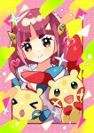  &gt;o&lt; 1girl :d anidler91 arched_bangs brown_eyes closed_mouth eyelashes hair_ornament hairclip heart highres lacey_(pokemon) looking_at_viewer minun open_mouth pink_hair plusle pokemon pokemon_(creature) pokemon_sv smile upper_body 