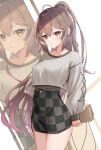  1girl absurdres alphaart bag brown_hair checkered_clothes earrings highres holding holding_bag hololive hololive_english jewelry nanashi_mumei standing three_quarter_view virtual_youtuber yellow_eyes 