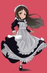  1girl apron black_dress black_hair blush bobby_socks brown_eyes dress embarrassed floating_hair full_body highres idolmaster idolmaster_cinderella_girls long_hair looking_at_viewer maid maid_apron maid_headdress mary_janes open_mouth papiyon1297 pink_background shoes socks solo tachibana_arisu white_apron 