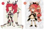 2girls adoptable animal_ears antlers back_bow belt bird_ears black_belt black_bow black_corset black_footwear black_ribbon black_sailor_collar black_shirt black_skirt black_socks blue_eyes boots border bow bow_legwear braid braided_ponytail bright_pupils brown_hair buttons center_frills cloak closed_mouth collared_shirt colored_tips commentary corset cross-laced_clothes cross-laced_footwear cross-laced_sleeves deer_antlers deformed english_commentary eyelashes feather_hair_ornament feathers flat_color flower footwear_bow footwear_ribbon frills full_body green_bow green_eyes green_hair green_socks hair_bow hair_flower hair_ornament high_ponytail hood hood_down hooded_cloak horns knee_boots kneehighs lace-trimmed_bow lace-trimmed_skirt lace_trim layered_sleeves leaf leaf_background light_blush light_frown light_smile lolita_fashion long_hair long_sleeves looking_ahead looking_at_viewer mary_janes miniskirt multicolored_hair multiple_braids multiple_girls original outside_border outstretched_arm over-kneehighs parted_lips patterned_background pocket red_flower red_rose redhead ribbon rose sailor_collar satchely shirt shoes sidelocks simple_background single_braid skirt sleeves_past_wrists socks striped_clothes striped_socks studded_belt thigh-highs transparent_border turtleneck turtleneck_shirt twintails two-tone_skirt very_long_hair wavy_hair white_background white_bow white_cloak white_footwear white_pupils white_shirt white_skirt white_sleeves wide_sleeves yellow_pupils 