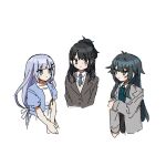  3girls ahoge bags_under_eyes black_hair blue_hair commentary_request cropped_torso gakuen_idolmaster green_hair highres idolmaster idolmaster_million_live! idolmaster_shiny_colors in-franchise_crossover jacket kazano_hiori long_hair momono4343 multiple_girls nervous_sweating own_hands_together school_uniform shiraishi_tsumugi simple_background sweat trait_connection tsukimura_temari upper_body white_background 