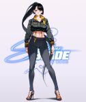  1girl black_hair blunt_bangs breasts brown_eyes cesar_art456 crop_top cropped_jacket eve_(stellar_blade) full_body grey_background high_heels highres jacket long_hair long_sleeves looking_at_viewer navel official_alternate_costume official_alternate_hairstyle pants ponytail shoes simple_background stellar_blade stomach thighs very_long_hair 