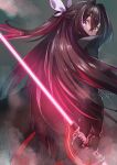  1girl alternate_costume azki_(hololive) black_hair colored_inner_hair energy_sword gloves hair_between_eyes hair_intakes hair_ribbon highres holding_lightsaber hololive lightsaber long_hair looking_back multicolored_hair parody pink_hair ponytail red_lightsaber reverse_grip ribbon solo star_wars sugishin46 sword violet_eyes virtual_youtuber weapon 