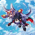  1boy 1girl blue_sky cape clouds demon_girl demon_horns desco_(disgaea) disgaea fish gloves hair_between_eyes horns issa_(sorako45) long_sleeves makai_senki_disgaea_4 pointy_ears red_eyes sardine sharp_teeth sky teeth tentacles valvatorez_(disgaea) vampire white_gloves 