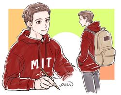  1boy artist_name backpack bag border brown_bag brown_eyes brown_hair closed_mouth clothes_writing commentary_request deen_(wlfkfaos) fingernails green_background grey_pants hand_in_pocket holding holding_pencil hood hoodie korean_commentary long_sleeves looking_to_the_side male_focus marvel marvel_cinematic_universe multicolored_background orange_background outside_border pants pencil peter_parker pink_background pocket puffy_long_sleeves puffy_sleeves red_hoodie short_hair sitting smile solo spider-man_(series) standing white_border 
