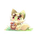  :3 animal_focus coconut commentary_request dot_nose drinking drinking_straw eyewear_on_head flower highres no_humans pokemon pokemon_(creature) red_eyes shadow simple_background sitting sprigatito sunglasses tail white_background yellow_flower yupo_0322 