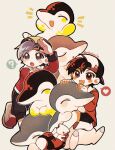  2boys :d :o ? arm_up backwards_hat baseball_cap black_hair black_hat black_pants black_shorts blush blush_stickers closed_eyes commentary cyndaquil dual_persona ethan_(pokemon) grey_hair hat heart highres jacket long_sleeves male_focus mikakami1e multiple_boys notice_lines open_mouth pants pokemon pokemon_(creature) pokemon_gsc pokemon_hgss red_eyes red_footwear red_jacket shoes short_hair shorts simple_background smile socks spoken_heart spoken_question_mark white_socks yellow_background 