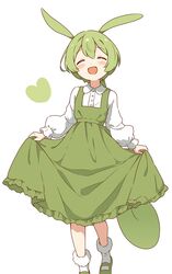  1girl :d absurdres animal_ears blush closed_eyes collared_shirt dot_nose dress facing_viewer full_body green_dress green_footwear green_hair highres legs_apart long_dress long_hair long_sleeves low-tied_long_hair open_mouth pinafore_dress rabbit_ears rabbit_girl shirt shoes simple_background skirt_hold sleeveless sleeveless_dress smile socks solo voicevox white_background white_shirt white_socks zundamon zunmut 