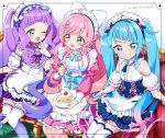  3girls :d alternate_costume apron bare_shoulders blue_bow blue_eyes blue_hair blue_necktie blue_skirt blush bow buttoned_cuffs buttons cake collared_shirt couch cure_majesty cure_prism cure_sky detached_sleeves dress ellee-chan enmaided eye_contact feet_out_of_frame food fork frilled_apron frilled_dress frills gloves gradient_hair green_eyes grin heart heart_hair hirogaru_sky!_precure holding holding_fork holding_plate index_finger_raised inset_border izumi_kirifu juliet_sleeves knees_together_feet_apart legwear_garter long_hair long_sleeves looking_at_another looking_at_viewer magical_girl maid maid_day maid_headdress multicolored_hair multiple_girls necktie nijigaoka_mashiro on_couch one_eye_closed open_mouth pink_dress pink_hair plate precure pretty_series puffy_short_sleeves puffy_sleeves purple_dress purple_hair shirt short_dress short_sleeves sidelocks simple_background sitting skirt sleeve_cuffs smile sora_harewataru strawberry_shortcake striped_clothes striped_dress teeth thigh-highs twintails white_apron white_background white_gloves white_shirt white_thighhighs zettai_ryouiki 
