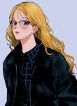  1girl black_jacket black_shirt blonde_hair blue_background blue_eyes blush closed_mouth earrings glasses highres jacket jewelry long_hair looking_at_viewer original shirt signature simple_background solo striped_clothes striped_shirt upper_body yoshino_ganko 