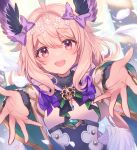  1girl ahoge blonde_hair blush breasts enna_alouette enna_alouette_(1st_costume) falling_feathers feathers flower hair_between_eyes hair_flower hair_ornament head_wings highres koma525239 long_hair looking_at_viewer nijisanji nijisanji_en open_mouth outstretched_arms small_breasts solo violet_eyes virtual_youtuber wings 