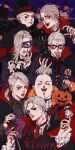  6+boys :q animal_on_shoulder artist_name ascot black_nails black_sclera candy cat colored_sclera eye_mask eyelashes fangs fingernails food formaggio fur_trim ghiaccio grey_hair hagiko15 hair_over_one_eye halloween_bucket happy_halloween hat high_collar highres holding holding_umbrella illuso jojo_no_kimyou_na_bouken lollipop long_fingernails long_hair long_sleeves male_focus mask masquerade_mask melone multiple_boys neck_ribbon pesci prosciutto red-framed_eyewear red_eyes red_ribbon ribbon risotto_nero shaved_head swirl_lollipop tongue tongue_out top_hat twitter_username umbrella vampire vento_aureo 