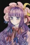  1girl black_background crescent crescent_hat_ornament dress expressionless hat hat_ornament highres kz_m_i long_hair mob_cap painting_(medium) patchouli_knowledge portrait purple_hair simple_background solo touhou traditional_media upper_body violet_eyes watercolor_(medium) wavy_hair 