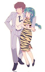  1boy 1girl aged_up animal_print bare_shoulders black_footwear black_necktie braid brown_hair china_dress chinese_clothes cone_horns corrupted_twitter_file couple dress full_body green_hair grey_jacket grey_pants hand_in_pocket hand_on_another&#039;s_shoulder highres horns interlocked_fingers jacket lizze_35 long_hair looking_to_the_side lum moroboshi_ataru necktie open_mouth own_hands_together pants shirt short_hair side_slit sidelocks simple_background sleeveless sleeveless_dress standing suit tiger_print urusei_yatsura white_background white_shirt 