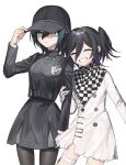  2girls black_hair black_hat black_pantyhose black_skirt buttons checkered_neckerchief closed_eyes commentary_request cowboy_shot danganronpa_(series) danganronpa_v3:_killing_harmony eyelashes frown genderswap genderswap_(mtf) grin hand_up happy highres jacket long_sleeves medium_hair multicolored_hair multiple_girls neckerchief oma_kokichi pantyhose pinstripe_jacket pinstripe_pattern pinstripe_skirt purple_hair saihara_shuichi short_hair short_twintails simple_background skirt smile striped_clothes striped_jacket striped_skirt teeth teruha_kurumi twintails two-tone_hair white_background white_jacket yuri 