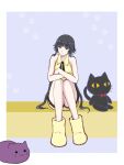  1girl alternate_costume black_hair bleach blush happy_melon4311 highres looking_at_viewer short_hair_with_long_locks sitting solo stuffed_animal stuffed_cat stuffed_toy sui-feng yellow_footwear 