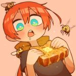  1girl bee blue_eyes blush bow bread bread_slice bug butter drooling food hair_bow highres holding holding_food honey long_hair low_ponytail mouth_drool orange_background orange_hair original shirt short_sleeves solo t-shirt takurada teeth toast upper_body upper_teeth_only 