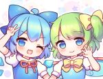 2girls ;d ahoge blue_dress blue_eyes blue_hair blue_vest blue_wings blush bow chibi cirno closed_mouth coa_(chroo_x) daiyousei detached_wings dress fairy_wings green_hair hair_bow heart heart_in_mouth ice ice_wings multiple_girls neck_ribbon one_eye_closed one_side_up outline puffy_short_sleeves puffy_sleeves red_ribbon ribbon short_sleeves simple_background smile starry_background touhou upper_body vest white_background white_outline wings yellow_bow 