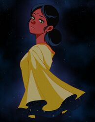  1girl bindi black_hair closed_mouth cropped_torso dark-skinned_female dark_skin dress film_grain green_eyes gundam hair_bun highres lalah_sune long_sleeves looking_at_viewer looking_back medium_hair mobile_suit_gundam no_pupils pink_lips smile solo space star_(sky) wide_sleeves yellow_dress yy0880yy 