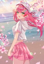  1girl absurdres bandaid bandaid_hair_ornament blush bow cherry_blossoms green_eyes hair_ornament hat highres hololive long_hair looking_at_viewer matsumoto_yuu open_mouth pink_hair sailor_hat sakura_miko sakura_miko_(school_uniform) shirt simple_background skirt smile solo virtual_youtuber 