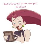  1girl blue_eyes blush_stickers earrings english_text highres holding_portrait jessie_(pokemon) jewelry kiana_mai lipstick long_hair makeup open_mouth picture_frame pokemon pokemon_(anime) redhead simple_background smile solo upper_body white_background 