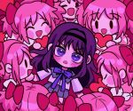  6+girls akemi_homura akemi_homura_(magical_girl) black_hair black_hairband blue_eyes blue_ribbon bow closed_eyes confused hair_bow hairband happy kaname_madoka kaname_madoka_(magical_girl) keropiki looking_at_another looking_at_viewer mahou_shoujo_madoka_magica mahou_shoujo_madoka_magica_(anime) multiple_girls neck_ribbon pink_hair red_bow ribbon smile surrounded twintails 