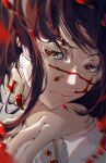  1girl absurdres big_chunger blood_drop blurry brown_hair chainsaw_man chromatic_aberration depth_of_field eyelashes highres red_eyes scar scar_on_face solo solo_focus yoru_(chainsaw_man) 