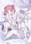  2girls :d animal_ears arm_support bad_id bad_twitter_id blue_eyes blue_flower blue_footwear blue_rose blunt_bangs bouquet bow braid braided_twintails cake collared_dress commentary_request cup curtains dress feeding flower food food_on_face frilled_dress frilled_socks frills full_body grey_hair hair_bow hairband highres holding holding_food indoors lolita_fashion lolita_hairband long_hair looking_at_another macaron multiple_girls nkohime open_mouth original pantyhose petals print_dress puffy_short_sleeves puffy_sleeves purple_bow rabbit_ears redhead rose shoes short_sleeves sidelocks sitting smile socks teacup teapot tiered_tray tile_floor tiles twin_braids twintails white_dress white_pantyhose white_socks wrist_cuffs 