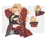  blonde_hair cleavage_cutout clothing_cutout dressing granblue_fantasy hairband highres jacket long_hair multiple_views oversized_jacket red_jacket shimatani_azu two-sided_fabric two-sided_jacket two-tone_gloves two-tone_hairband zeta_(granblue_fantasy) zeta_(grand)_(granblue_fantasy) 