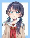  1girl blue_border blue_eyes blue_hair blue_ribbon blush border brown_cardigan brown_dress cardigan closed_mouth collarbone commentary dark_blue_hair dress hair_ribbon harusame_soup_(har_s_k) hasu_no_sora_school_uniform heart heart-shaped_pupils link!_like!_love_live! long_hair long_sleeves looking_at_viewer love_live! low_twintails mole mole_on_neck murano_sayaka neckerchief open_cardigan open_clothes outside_border red_neckerchief ribbon sailor_collar sailor_dress school_uniform smile solo split_mouth symbol-shaped_pupils twintails upper_body virtual_youtuber white_background white_sailor_collar winter_uniform 