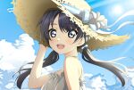  1girl :d absurdres bare_shoulders blue_eyes blue_hair blue_ribbon blue_sky blurry blurry_background brown_hat clouds commentary dark_blue_hair dress facing_to_the_side flower frilled_dress frills from_side hair_ribbon hat hat_ribbon highres kujo_awenn light_blush lily_(flower) link!_like!_love_live! long_hair looking_at_viewer love_live! low_twintails murano_sayaka open_mouth ribbon sky sleeveless sleeveless_dress smile solo straw_hat striped_ribbon sundress teeth twintails upper_body upper_teeth_only virtual_youtuber white_dress white_flower white_ribbon 