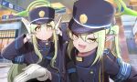  2girls absurdres blue_archive green_hair halo hat highlander_sidelocks_conductor_(blue_archive) highlander_twintails_conductor_(blue_archive) highres kimsy2099 long_hair looking_at_viewer multiple_girls pointy_ears siblings twins twintails yellow_eyes 