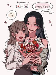  2girls black_hair bouquet brown_eyes brown_hair brown_skirt commentary_request earrings flower grey_eyes grey_jacket grey_nails hand_on_another&#039;s_arm heart highres holding holding_bouquet jacket japan-korea_yuri_(meme) japanese_flag jewelry korean_text long_hair long_sleeves meme midriff mole mole_under_mouth multiple_girls necklace off_shoulder oimokawai open_mouth original parted_lips pink_flower pink_nails red_flower shirt skirt smile south_korean_flag speech_bubble translation_request white_flower white_shirt yuri 