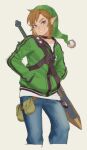  1boy alternate_costume cropped_legs denim green_eyes green_hat green_jacket grin hands_in_pockets hat highres ivy_(sena0119) jacket jeans link long_sleeves pants pointy_ears pouch simple_background smile solo teeth the_legend_of_zelda weapon weapon_on_back white_background 