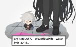  2boys :d ahoge black_footwear black_jacket black_pants blood chibi danganronpa_(series) danganronpa_another_episode:_ultra_despair_girls grey_hair happy highres jacket kamukura_izuru komaeda_nagito long_hair messy_hair multiple_boys open_clothes open_jacket pants pe_(4fn2u) pink_blood servant_(danganronpa) shirt smile striped_clothes striped_shirt teeth tile_floor tiles translation_request upper_teeth_only very_long_hair 