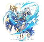 1girl asymmetrical_legwear axe azura_(fire_emblem) barefoot blue_hair dress elbow_gloves fake_horns fingerless_gloves fire_emblem fire_emblem_fates fire_emblem_heroes full_body gloves hair_between_eyes hairband horned_headwear horns jewelry juliet_sleeves long_hair long_sleeves official_art puffy_sleeves simple_background smile solo teffish veil very_long_hair white_veil yellow_eyes