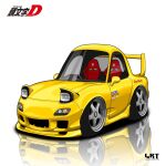  chibi chinese_commentary highres initial_d logo mazda mazda_rx-7 mazda_rx-7_fd no_humans pop-up_headlights reflection reflective_floor spoiler_(automobile) takahashi_keisuke&#039;s_mazda_rx-7_fd vehicle_focus white_background wu_geng_liuli yellow_car 