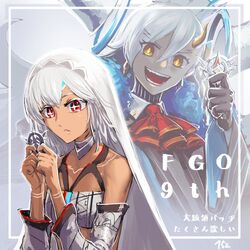  152_in_can 2girls altera_(fate) ascot bare_shoulders black_gloves commentary_request copyright_name crossed_bangs dark-skinned_female dark_skin detached_sleeves earrings fate/grand_order fate_(series) gloves hair_between_eyes holding horns jewelry long_hair multiple_girls olga_marie_animusphere open_mouth red_ascot red_eyes short_hair single_horn smile symbol-shaped_pupils teeth u-olga_marie veil white_hair wide_sleeves yellow_eyes yellow_horns 