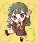 1girl :d arms_up blush_stickers braid brown_dress brown_footwear center-flap_bangs chibi chibi_only child&#039;s_drawing claw_pose commentary dinosaur dress full_body green_hair hasu_no_sora_school_uniform highres kachimachi_kosuzu leg_up link!_like!_love_live! long_hair long_sleeves looking_at_viewer love_live! massigura medium_dress neckerchief open_mouth pink_eyes pleated_dress rhinoceros sailor_collar sailor_dress school_uniform side_braids smile socks solo straight_hair teeth upper_teeth_only v-shaped_eyebrows virtual_youtuber white_sailor_collar white_socks winter_uniform yellow_background yellow_neckerchief 