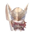  1girl amputee armor cape chibi covered_eyes dress elden_ring gold_armor helmet helmet_over_eyes knife malenia_blade_of_miquella mechanical_arms monthly_snow prosthesis prosthetic_arm prosthetic_leg red_cape redhead single_mechanical_arm triple_amputee winged_helmet 