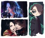  4boys black_eyes black_hair black_robe brown_hair character_request closed_eyes closed_mouth commentary_request fingerless_gloves gloves green_eyes hair_over_one_eye half-closed_eyes hand_up highres holding holding_microphone jiz_(pffbq) l&#039;arc~en~ciel long_hair looking_at_viewer male_focus microphone multiple_boys music open_mouth real_life realistic ringed_eyes robe short_hair singing 