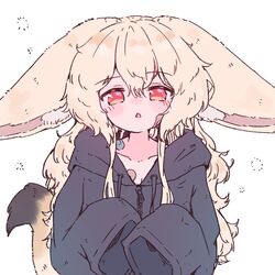  1girl absurdres animal_ear_fluff animal_ears bandaid bandaid_on_face black_hoodie blonde_hair double-parted_bangs drawstring ears_down fox_ears fox_girl fox_tail hair_between_eyes highres hood hoodie large_ears looking_at_viewer megateru messy_hair open_mouth original red_eyes simple_background sleeves_past_fingers sleeves_past_wrists solo squeans tail triangle_mouth upper_body white_background 