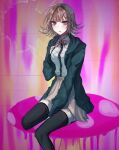  1girl :o breasts brown_hair brown_skirt collared_shirt danganronpa_(series) danganronpa_2:_goodbye_despair flipped_hair galaga hair_ornament highres jacket long_sleeves looking_at_viewer medium_hair nanami_chiaki neck_ribbon open_clothes open_jacket pink_eyes pink_ribbon ribbon shirt shuikoki sitting skirt solo thigh-highs two-tone_shirt white_shirt 