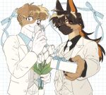  1boy 1girl :&lt; animal_ears black_shirt blue_eyes blue_ribbon blue_shirt blush body_fur bouquet box brown_eyes brown_fur brown_hair claws closed_mouth collared_shirt colored_inner_hair crossdressing dog_boy dog_ears dog_girl floppy_ears flower furry furry_female furry_male gift gift_box grey_vest grid_background groom hand_in_pocket hands_up highres holding holding_bouquet incoming_gift jacket long_hair long_sleeves looking_at_viewer multicolored_hair necktie orange_hair original pants rata_(norahasu) ribbon shirt short_hair smile striped_clothes striped_vest suit tulip two-tone_hair upper_body very_short_hair vest white_background white_flower white_fur white_jacket white_necktie white_pants white_suit white_tulip 