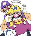  2boys artist_name big_nose bruise bruised_eye cleft_chin clenched_teeth dirty dirty_clothes dirty_face facial_hair fat gloves grabbing grabbing_from_behind hat injury multiple_boys mustache overalls pointy_ears purple_hat purple_overalls purple_shirt shirt simple_background speech_bubble super_mario_bros. sweatdrop teeth waluigi wario white_background white_gloves ya_mari_6363 yellow_hat yellow_shirt 